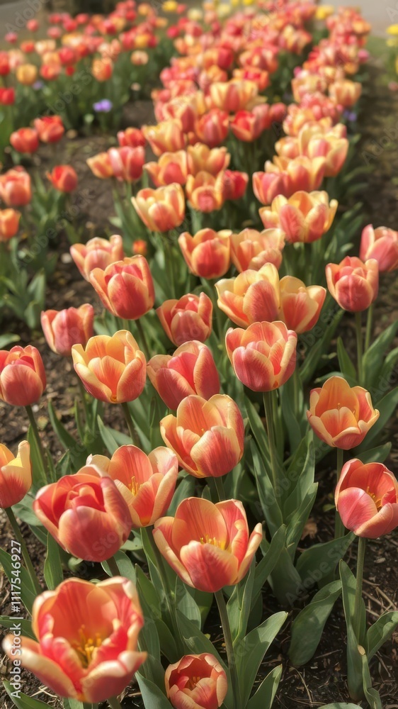 Row of vibrant spring tulip flowers blooming in a garden, purple, blossoms Row of vibrant spring tulip flowers blooming in a garden, purple, blossoms
