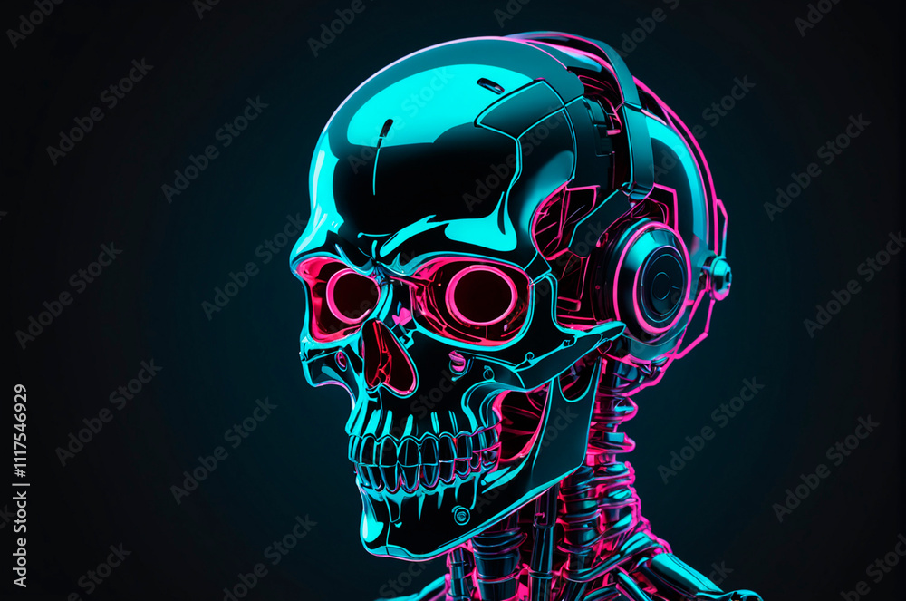 Futuristic representation of a robotic human skull, illustration, neon aesthetics, neo-noir, cyberpunk. Generative AI. Futuristic representation of a robotic human skull, illustration, neon aesthetics, neo-noir, cyberpunk. Generative AI.