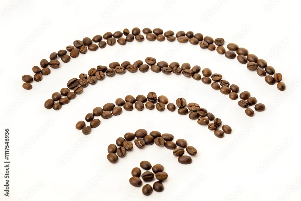 Scattered coffee beans form a simple and elegant Wi-Fi symbol on a white background Scattered coffee beans form a simple and elegant Wi-Fi symbol on a white background