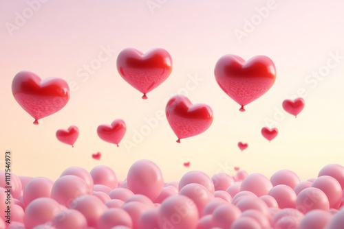 Balloons shaped like hearts in pink and red. Valentine's Day love balloons. photo