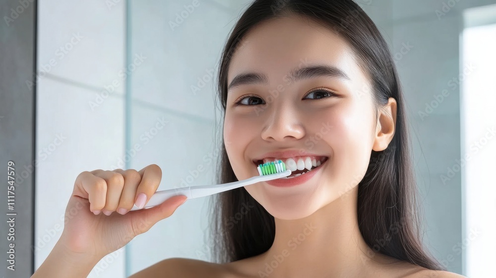 Smiling Asian teenage girl with fresh mint toothpaste foam on her toothbrush, demonstrating good oral hygiene in a clean bathroom. Smiling Asian teenage girl with fresh mint toothpaste foam on her toothbrush, demonstrating good oral hygiene in a clean bathroom.
