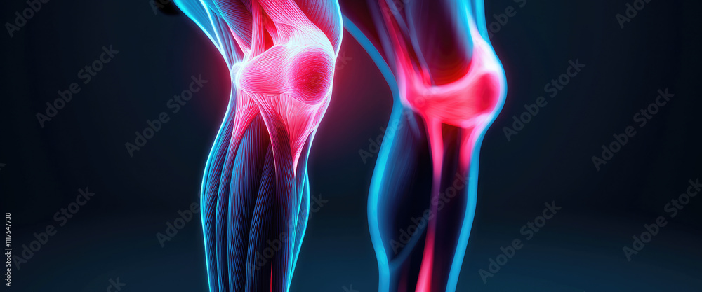 Illustrative view of human knees with highlighted anatomy and vibrant colors.