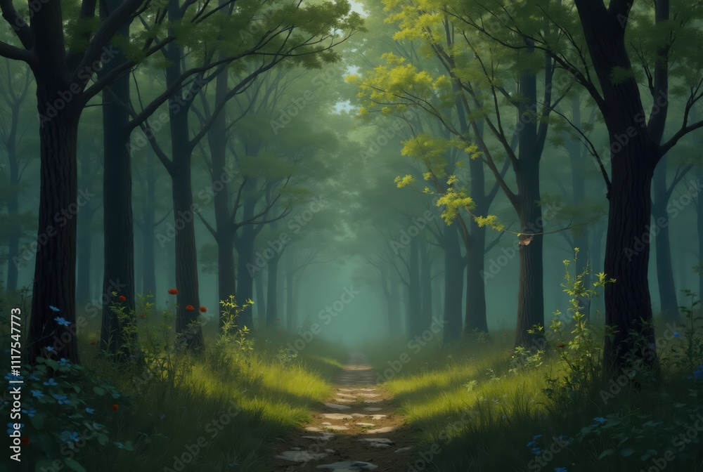 Stone path winding through misty forest in spring Stone path winding through misty forest in spring
