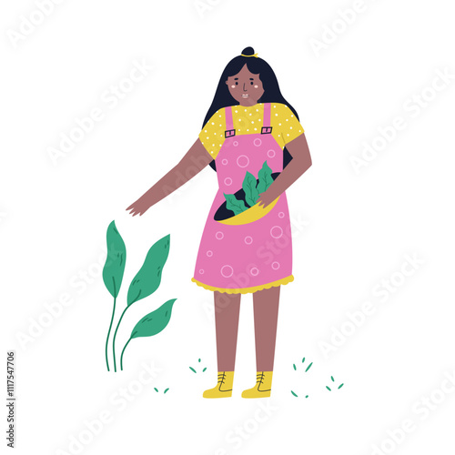 Adorable Illustration of a Woman Collecting Freshly Harvested Vegetables. Country Charm Design, Rustic Farm Art