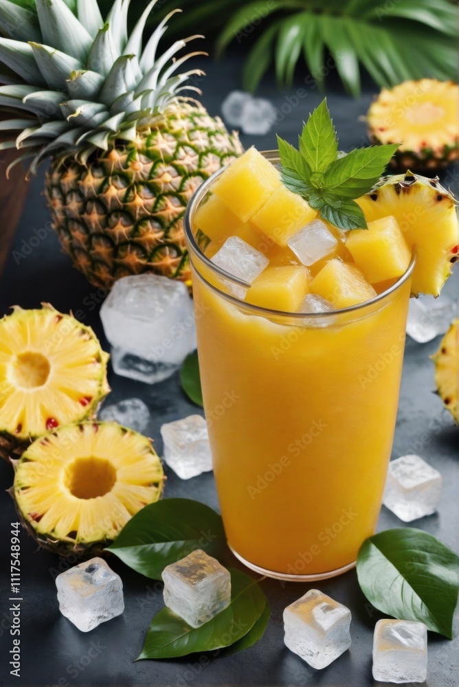 a jar of fresh Pine Apple juice with whole and sliced Pine Apple immersed in the drink. Ice cubes glisten on the surface a jar of fresh Pine Apple juice with whole and sliced Pine Apple immersed in the drink. Ice cubes glisten on the surface