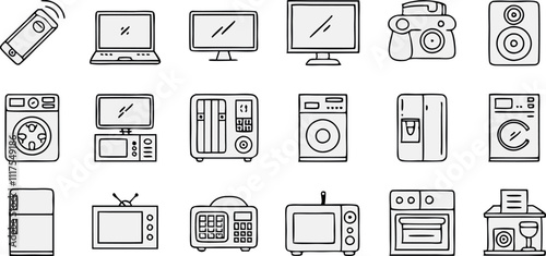 Home Appliances web icons inline style. Household appliances, vacuum cleaners, refrigerator, TV, cooking, entertainment, conditioning, dishwasher, collection. Vector illustration