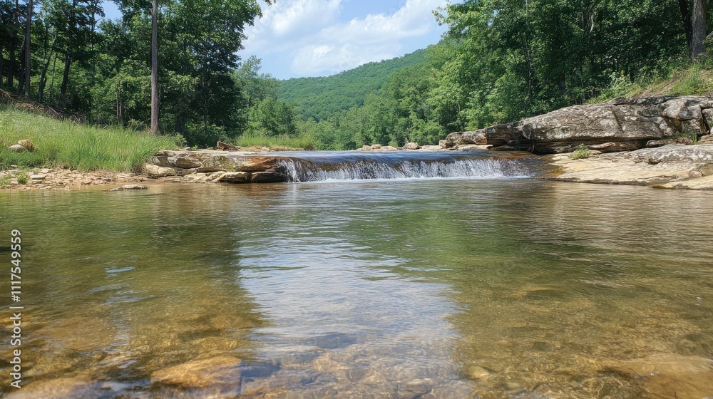 Serene forest stream cascades over rocks into a clear pool Serene forest stream cascades over rocks into a clear pool
