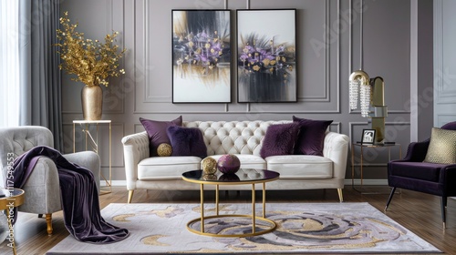 Stylish living room with rich plum accents, soft grey walls, gold decor, and rich textures