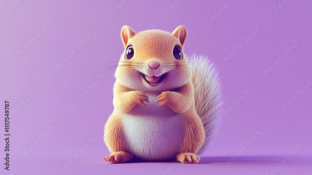 Adorable Happy Cartoon Squirrel Sitting On Purple Background