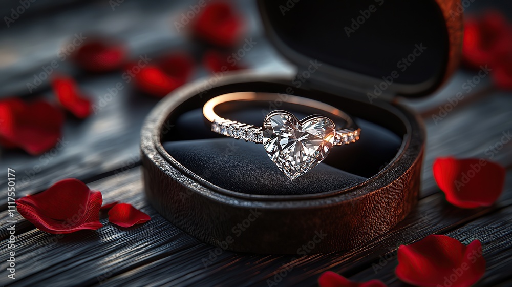 Heart-shaped diamond engagement ring in a wooden box surrounded by rose petals.