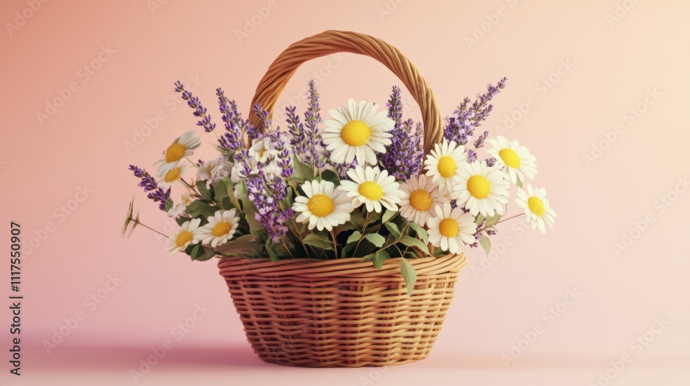 Daisies and Lavender in a Wicker Basket