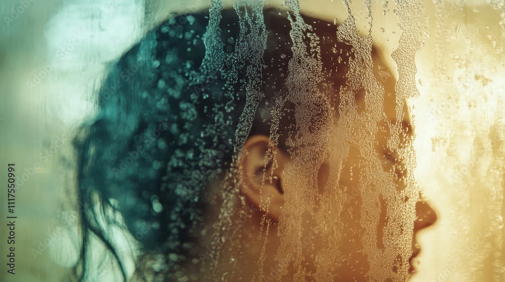 Fototapeta premium Close-up of water running down a glass shower door, creating abstract streaks.