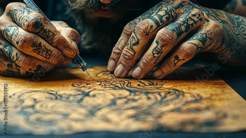 The tattoo artist is intently working on the tattoo.