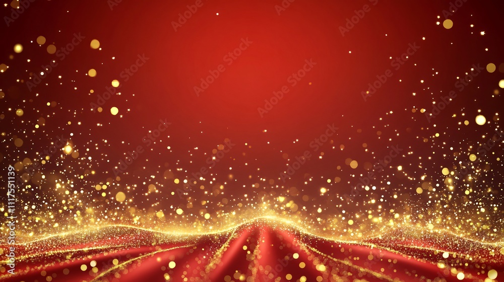 Luxurious yellow silk and ribbon adorned with golden sparkles on a rich red background, creating an opulent and elegant atmosphere with ample white space. Luxurious yellow silk and ribbon adorned with golden sparkles on a rich red background, creating an opulent and elegant atmosphere with ample white space.
