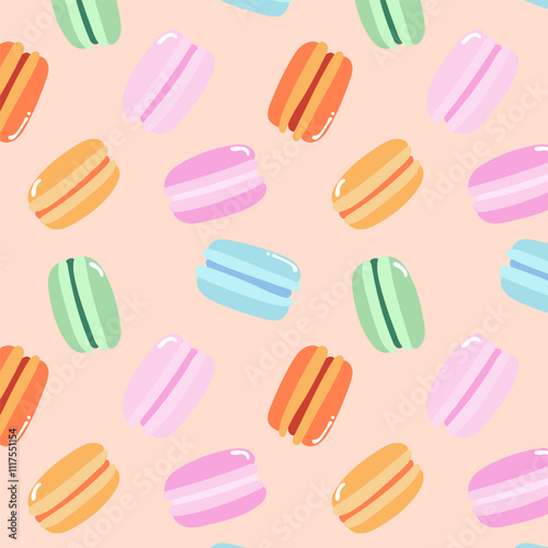 Seamless pattern with colorful macarons in a variety of flavors. Background for banners, cards, flyers, social media wallpapers, etc