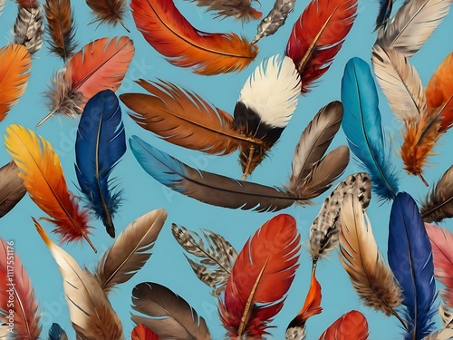 Colorful Bird Feathers Floating On Blue Background photo