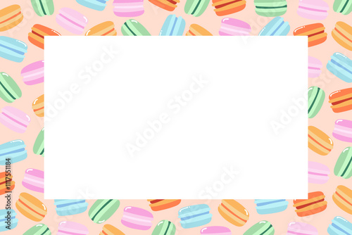 Decorative frame made of colorful macarons in a variety of flavors. Background for banners, cards, flyers, social media wallpapers, etc