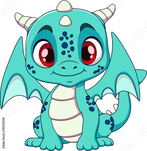 An adorable cartoon dragon with a cheerful expression, large red eyes, and a playful design. The dragon is teal-colored, with light blue wings and belly, small horns,