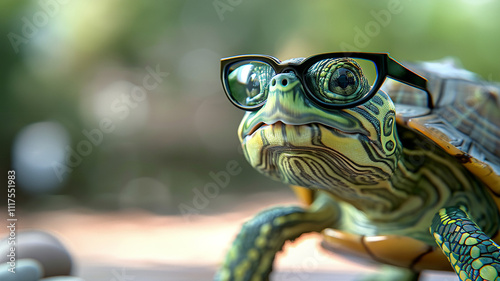 Cute Little Green Turtle Wearing Glasses Posing in Front of the Camera photo