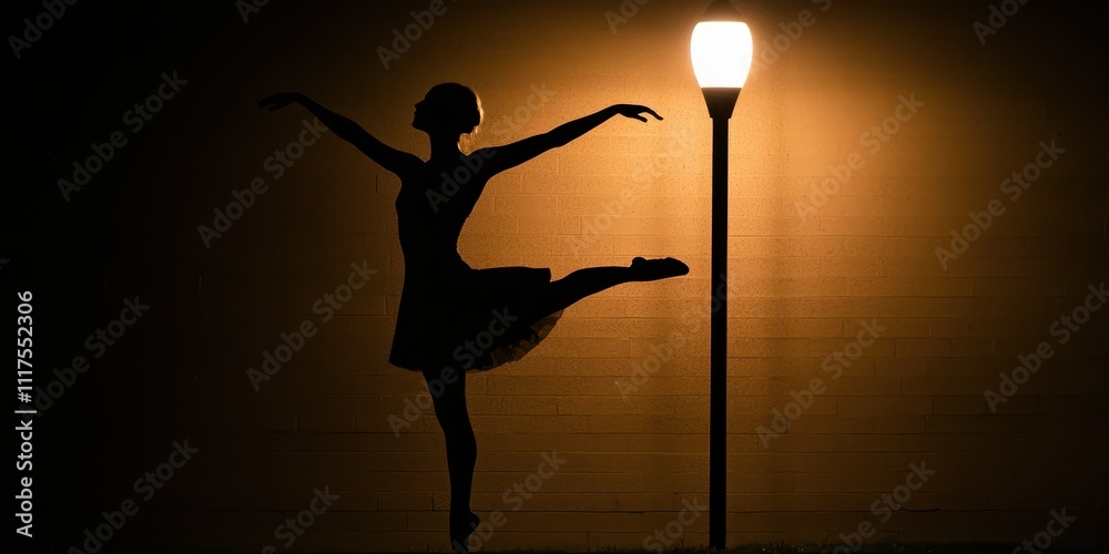 A graceful ballet dancer's silhouette poised under a glowing streetlamp against a dark backdrop, capturing elegance and artistry.