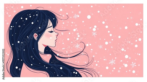 A cute girl with long hair in pink and navy blue, hand-drawn illustration, cute manga-style, simple line drawings