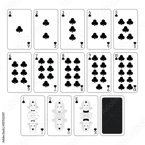 A deck of playing cards clubs. A poker set with individual cards. Playing cards for poker.
