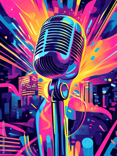 Vintage microphone with vivid background of for stand-up comedy show, karaoke, singing contest and other events.