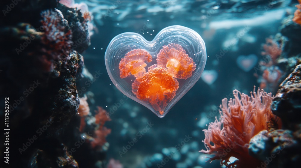 Heart-shaped jellyfish inside a transparent bubble, underwater scene with coral reef. Heart-shaped jellyfish inside a transparent bubble, underwater scene with coral reef.