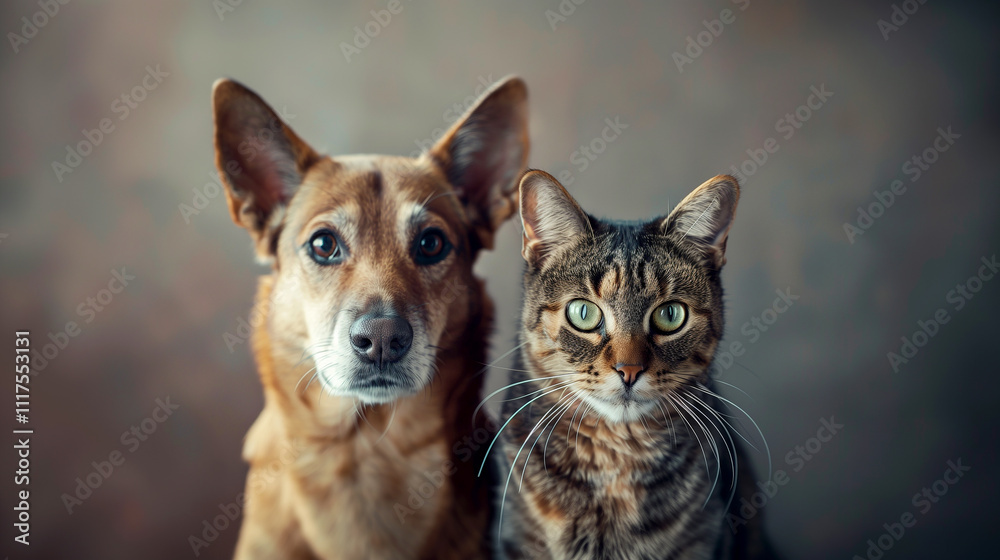 Fototapeta premium Portrait of a Happy Dog and Cat Smiling and Looking at the Camera