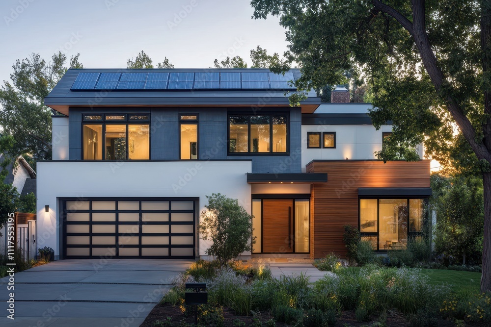 Modern house with solar panels and landscaped garden at dusk. Modern house with solar panels and landscaped garden at dusk.