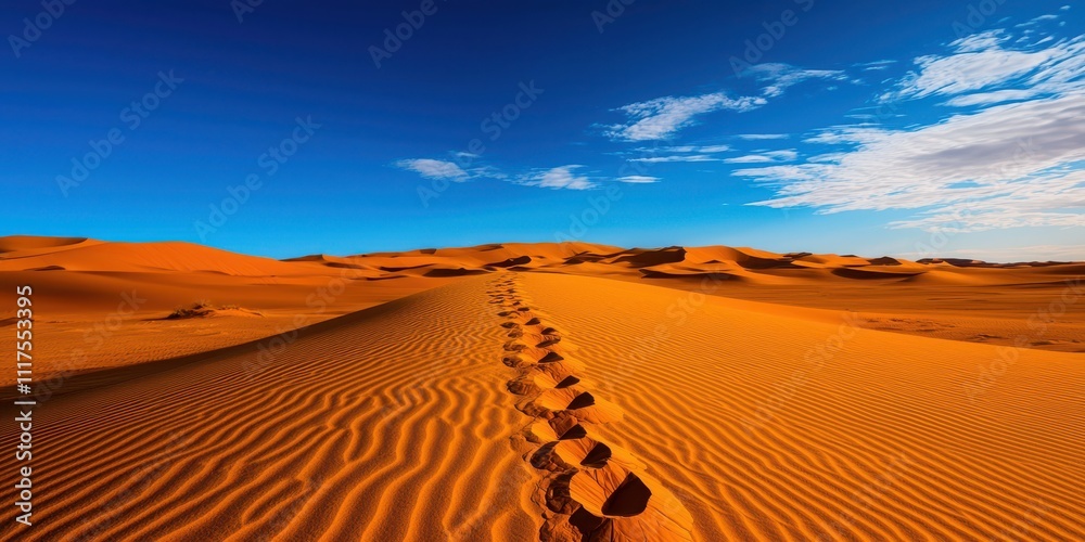 Naklejka premium A serene desert landscape features golden sand dunes under a brilliant blue sky, with footprints leading across the vast expanse.