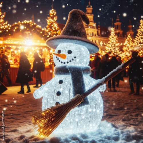 Twinkling Snowman in Festive Scene photo