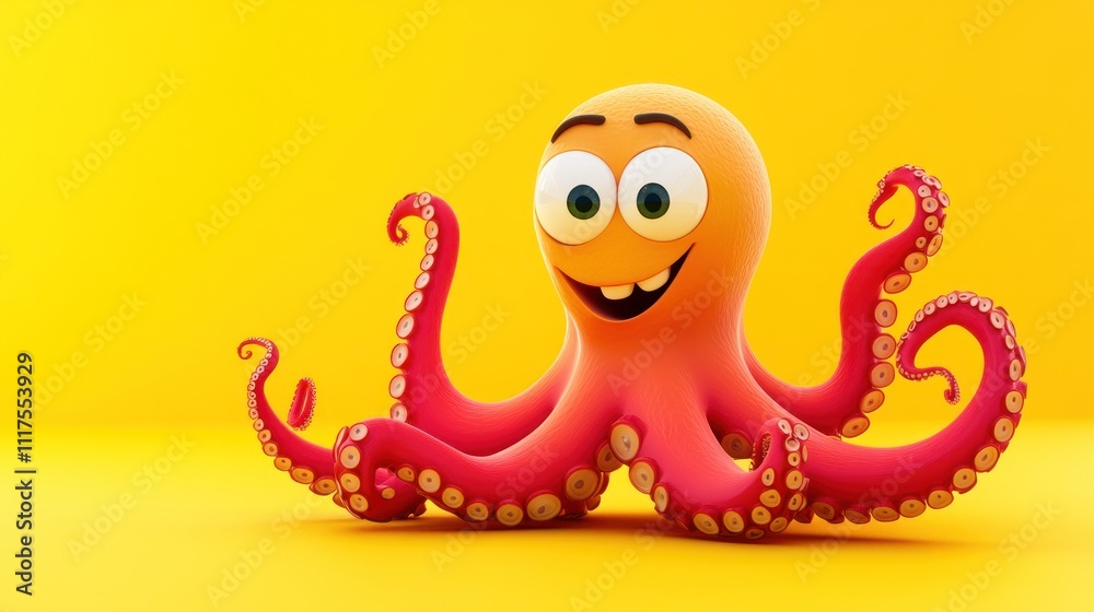 A cheerful cartoon octopus smiles on a yellow background A cheerful cartoon octopus smiles on a yellow background