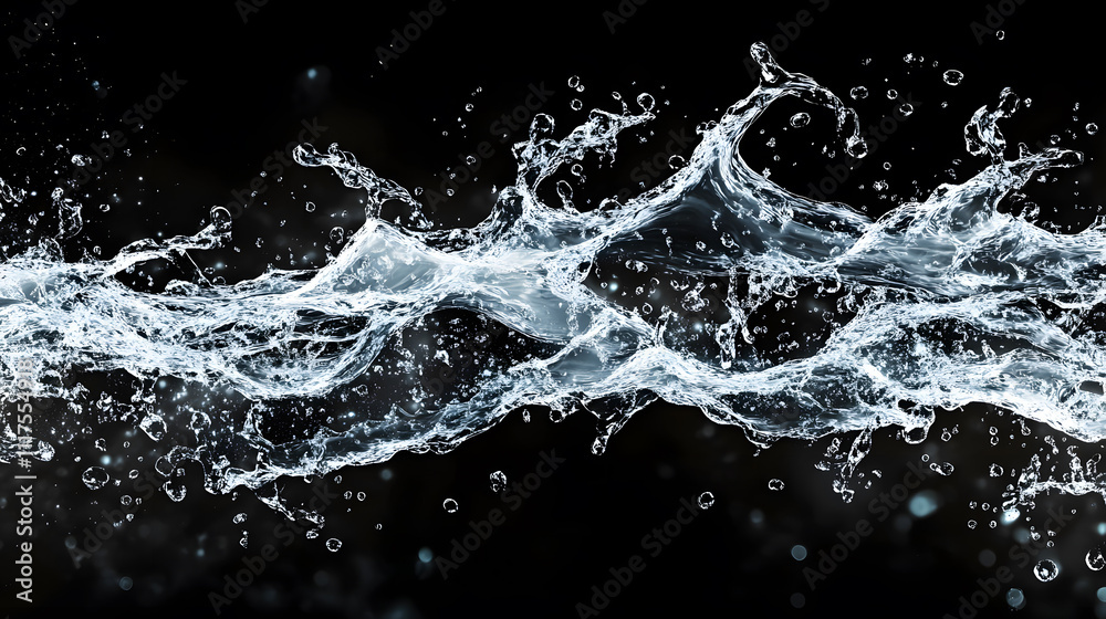 Obraz premium water forms against a deep black background, blending abstract splashes, ripples, mist, and dynamic droplets.