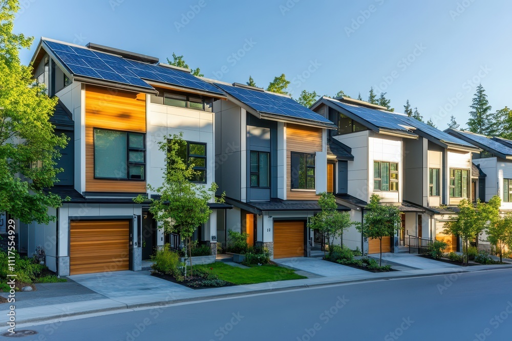 Modern homes with solar panels and greenery along a quiet street. Modern homes with solar panels and greenery along a quiet street.