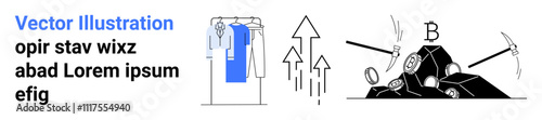 Clothing rack holding blue and gray shirts pickaxes mining cryptocurrency with coin symbols, and arrows showing growth. Ideal for e-commerce, fashion trends, cryptocurrency, growth, investment