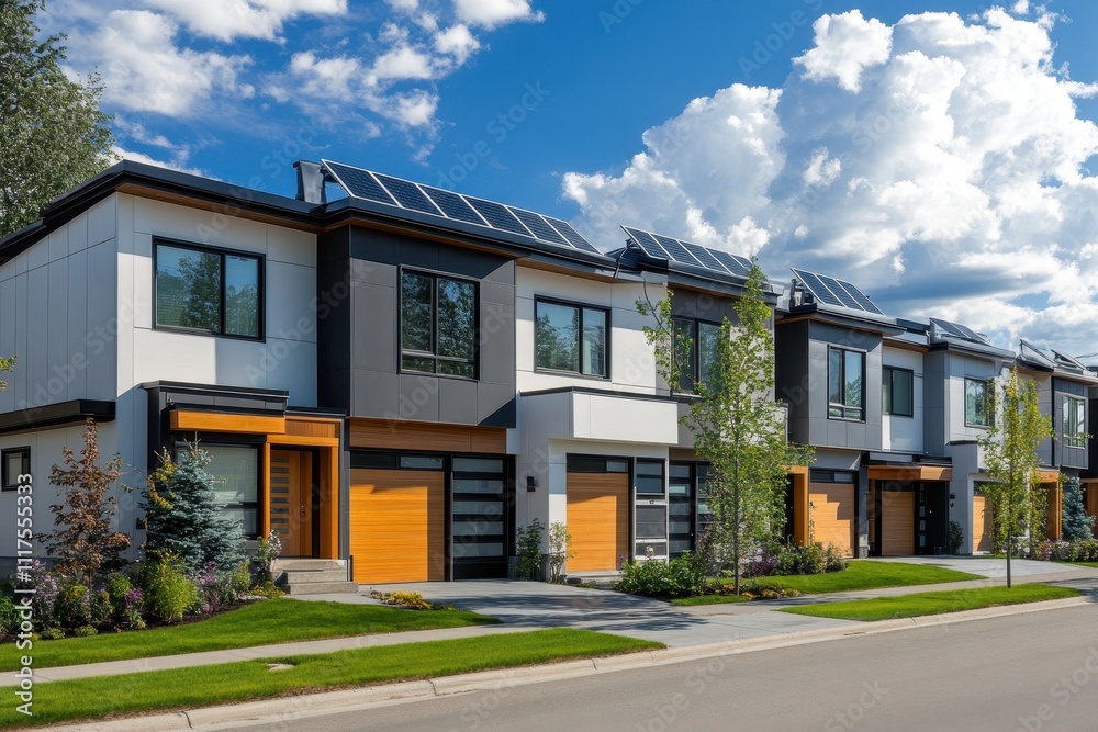 Modern residential buildings with solar panels and landscaped surroundings. Modern residential buildings with solar panels and landscaped surroundings.