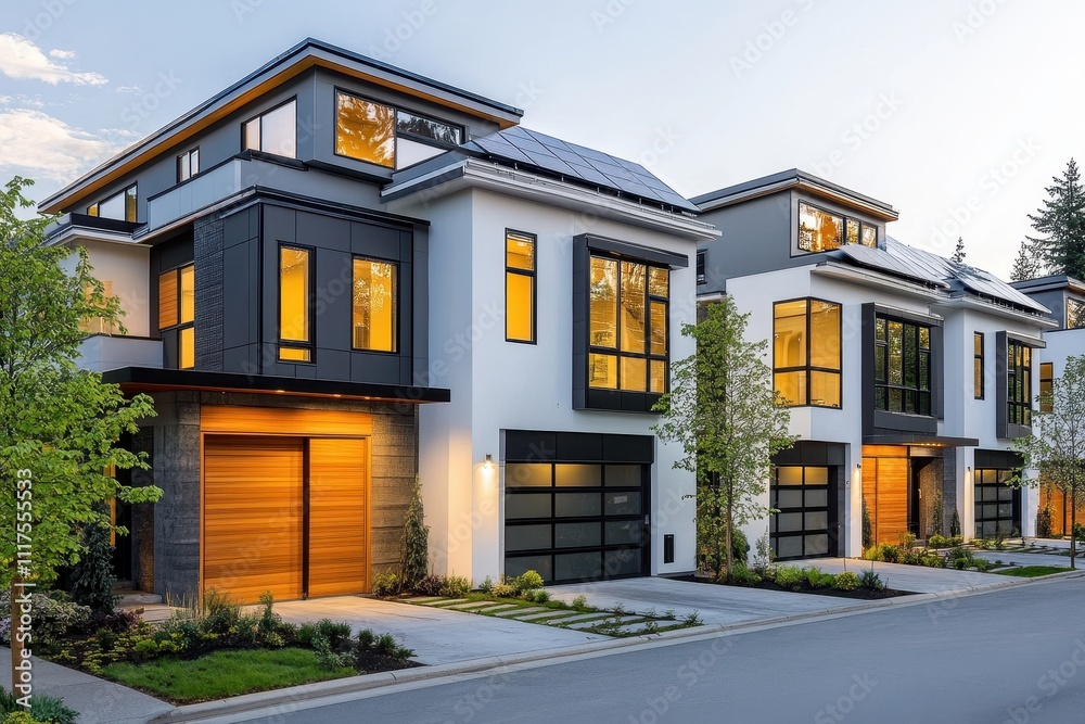 Modern homes with solar panels and large windows in a suburban setting. Modern homes with solar panels and large windows in a suburban setting.