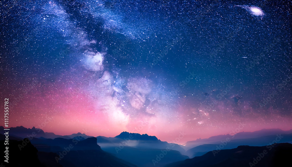 Naklejka premium Enchanted Celestial Landscape: Twilight Sky Merging Stars and Mountains