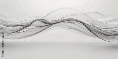 Design of smooth dark grey and white wave line smokey fog, flowing white background.  