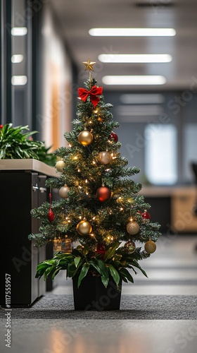 Small Christmas tree in office interior