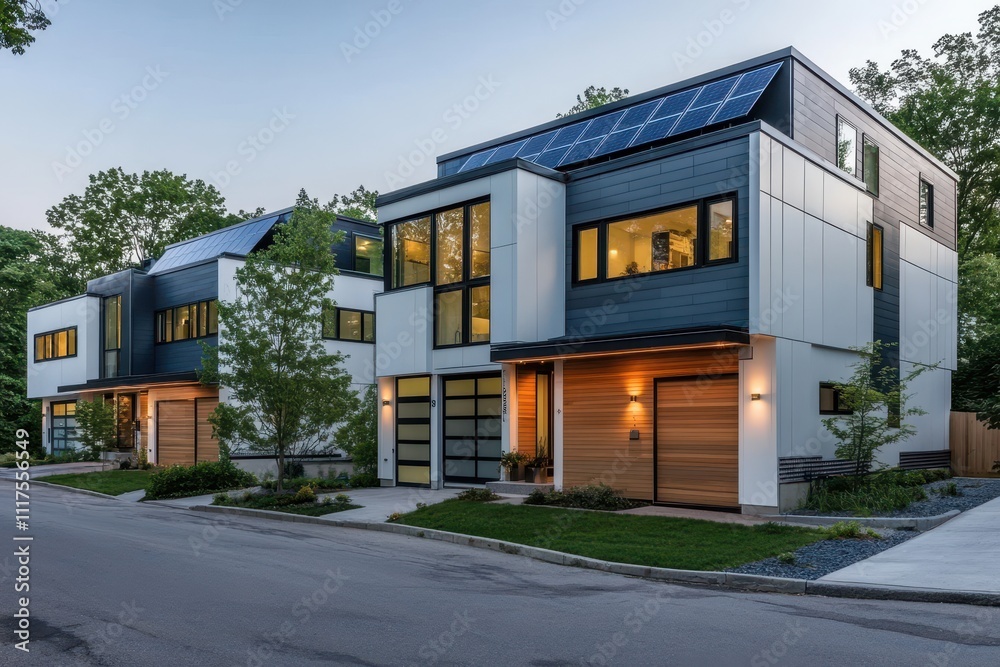 Modern homes with solar panels and large windows in a suburban setting. Modern homes with solar panels and large windows in a suburban setting.