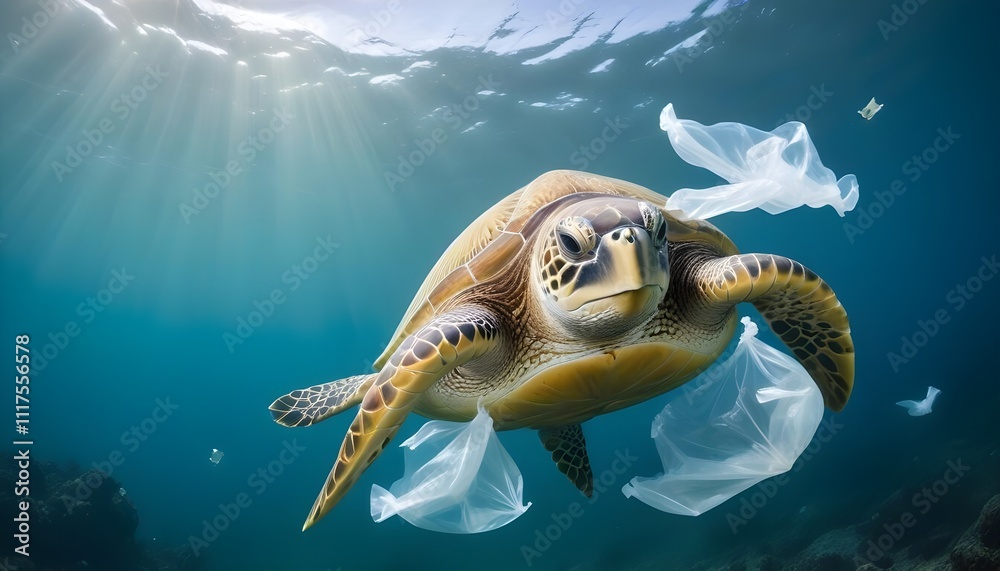 Obraz premium A green sea turtle swimming through the ocean, surrounded by plastic bags and other debris