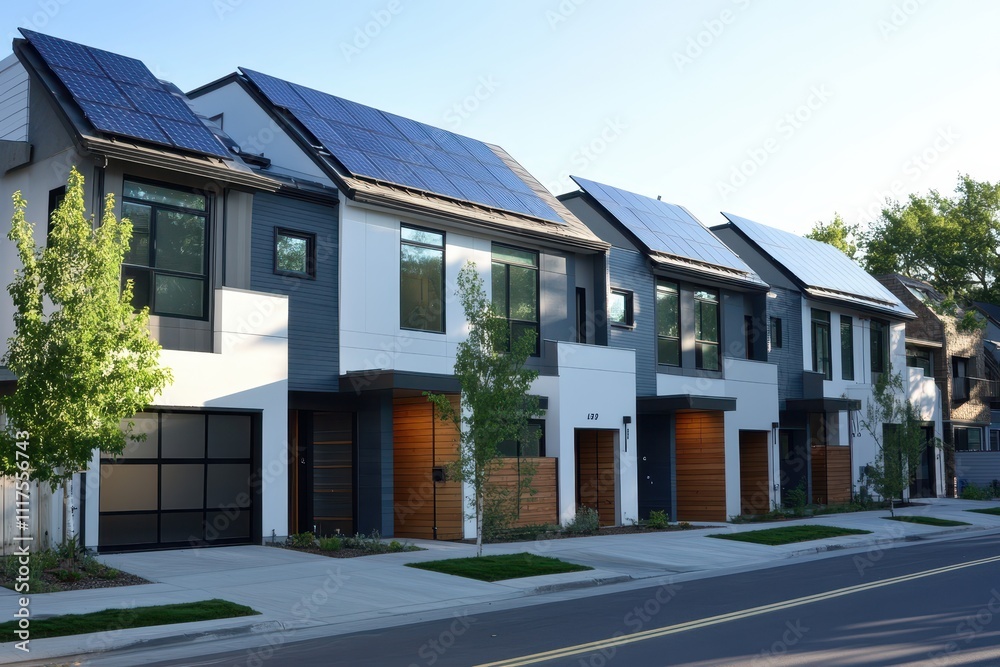 Modern homes with solar panels on rooftops in a suburban setting. Modern homes with solar panels on rooftops in a suburban setting.