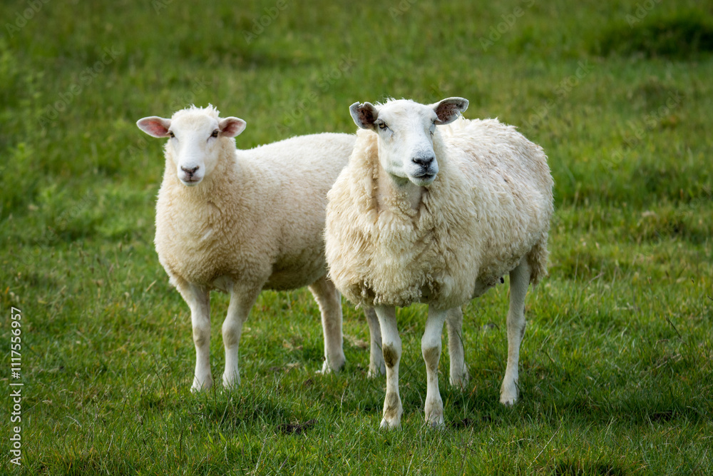 mother sheep and her lambs in lush green grassy field mother sheep and her lambs in lush green grassy field