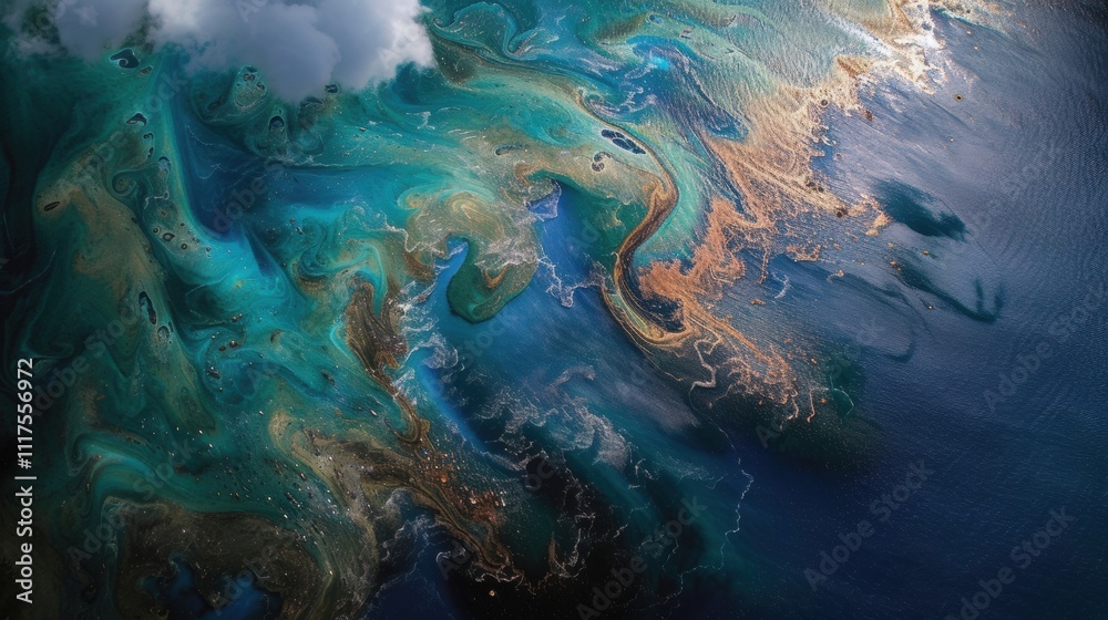 Obraz premium A series of satellite images depicting the effectiveness of an oil spill response plan with before and after shots showing the reduction in oil and protection of marine life.