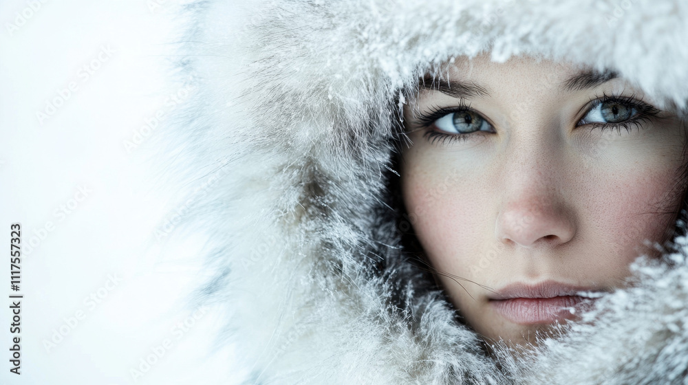 Close-up portrait of a woman with blue eyes framed by a white fur hood, exuding a serene and wintry mood. Close-up portrait of a woman with blue eyes framed by a white fur hood, exuding a serene and wintry mood.
