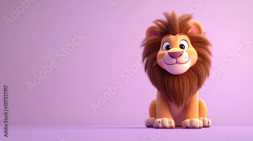 Adorable Cartoon Lion Sitting on Purple Background photo