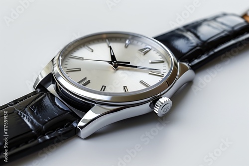 Elegant wristwatch with a classic design and sleek black leather strap.