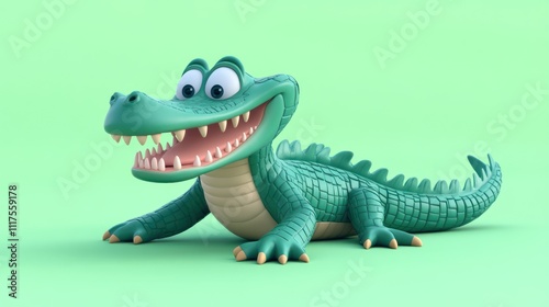 A Happy Cartoon Crocodile Lies on Green Background